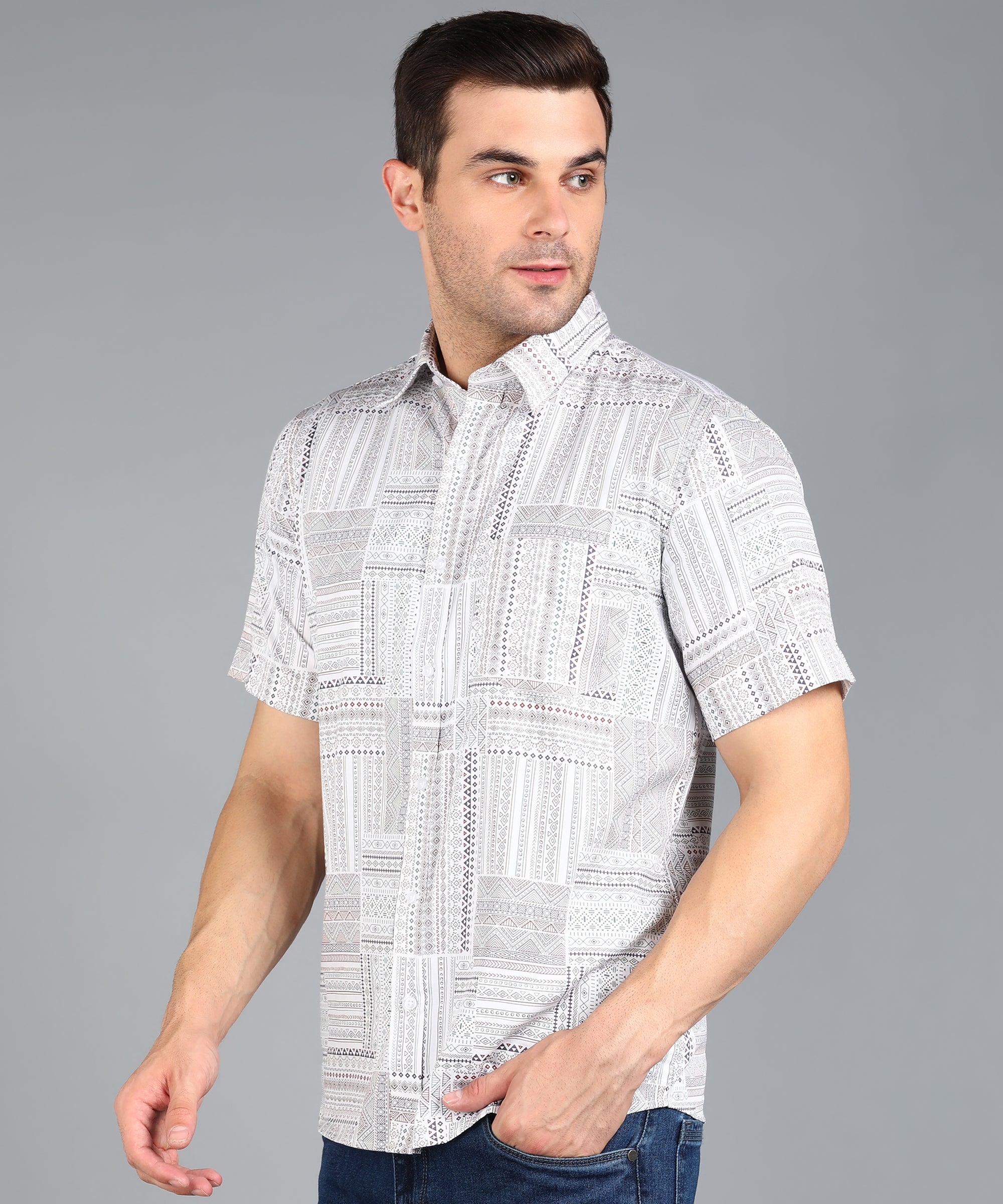 Off White Indian Prints Half Slim Fit Shirt