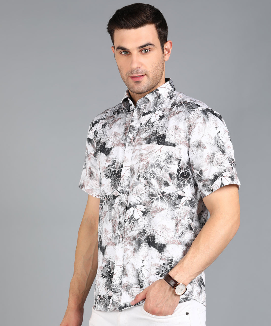 Black &amp; Brown Leaf Printed half Slim Fit Shirt