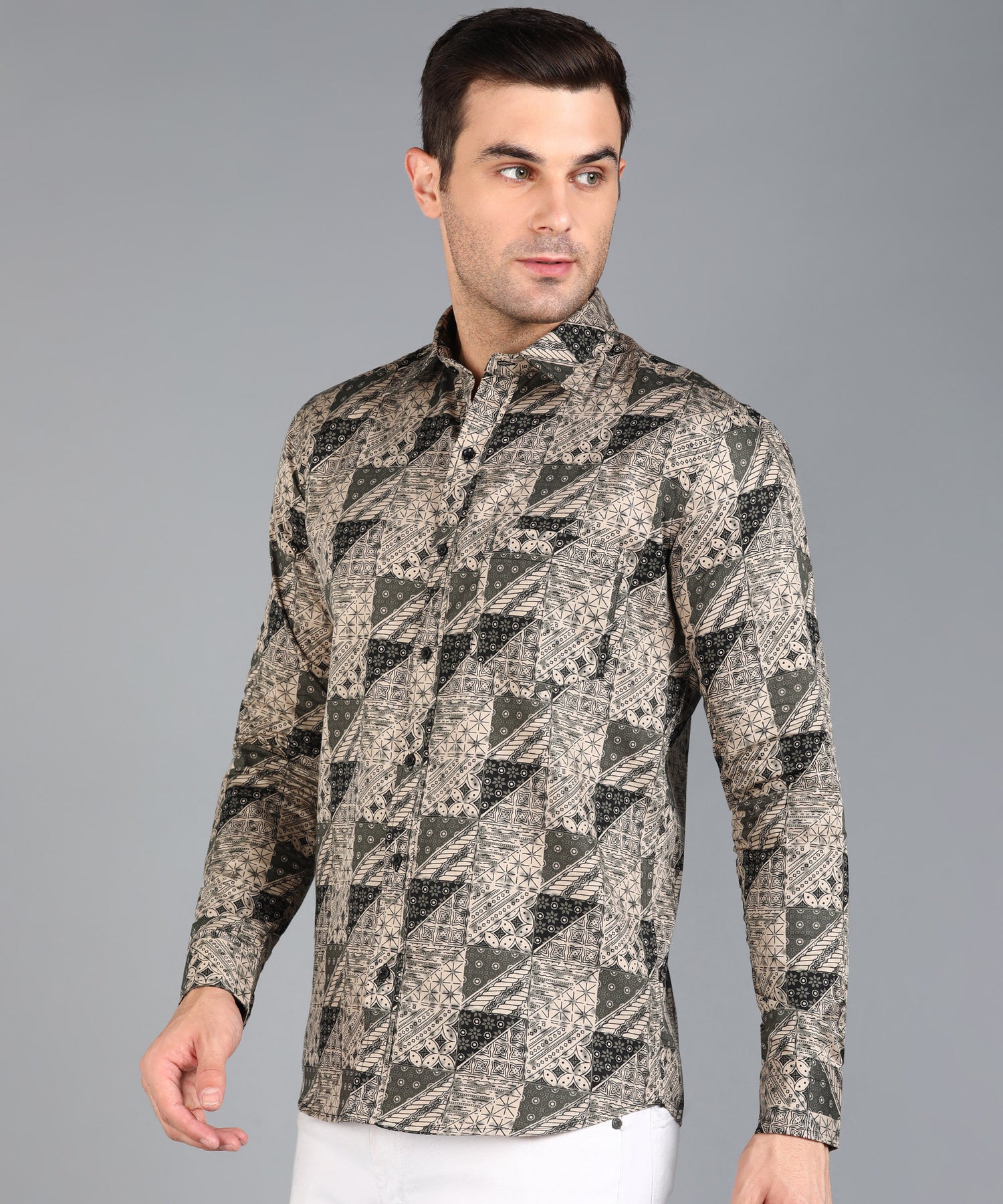 Black Geomatric Printed Beige Slim Fit Shirt