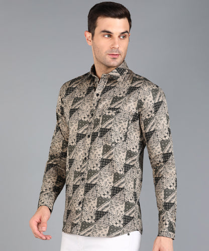 Black Geomatric Printed Beige Slim Fit Shirt