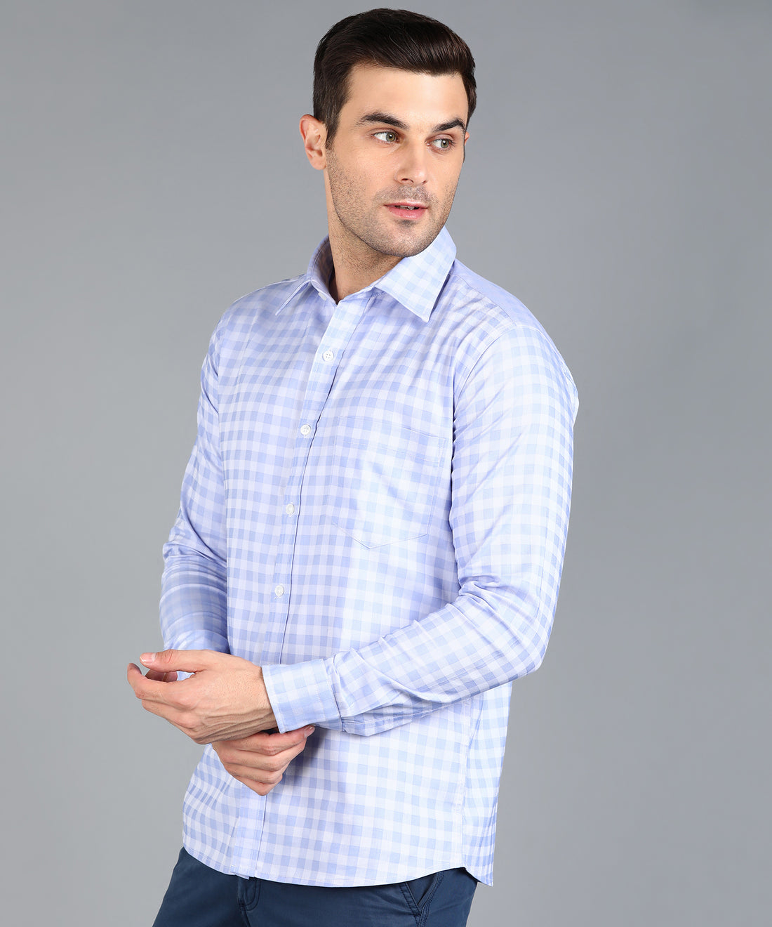 Sky Blue &amp; White Checked Slim Fit Shirt
