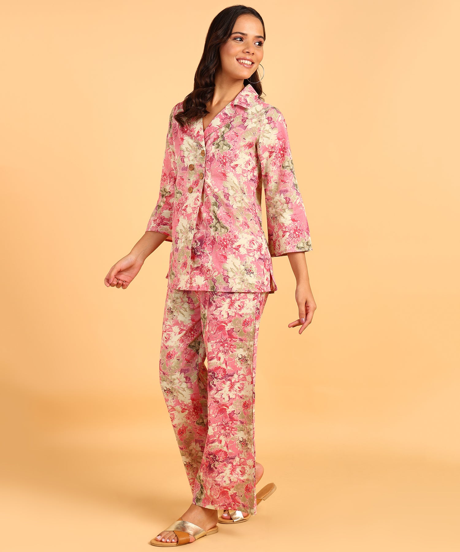 Pink Colored Floral Print Shirt &amp; Pant Set