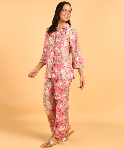 Pink Colored Floral Print Shirt &amp; Pant Set