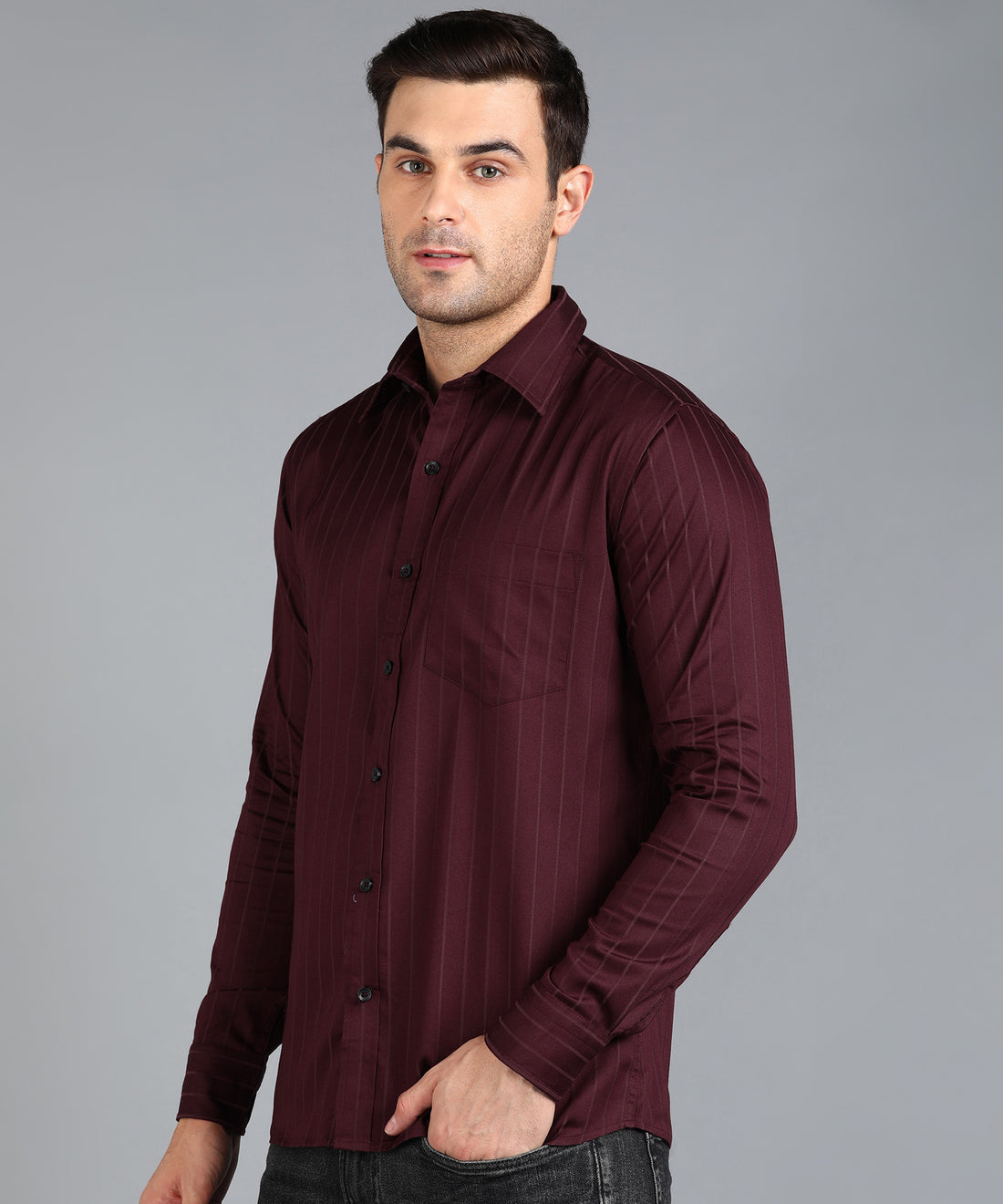Self Striped Maroon Slim Fit Shirt