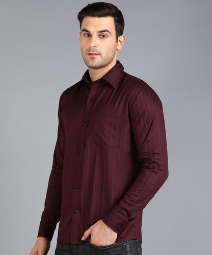Self Striped Maroon Slim Fit Shirt