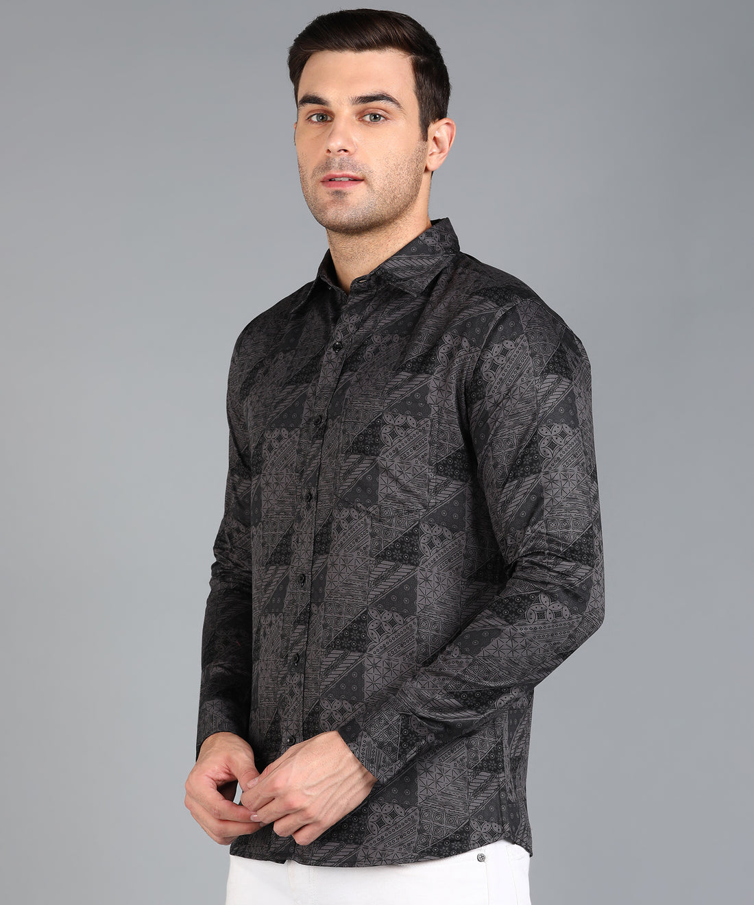 Black Geomatric Printed Grey Slim Fit Shirt