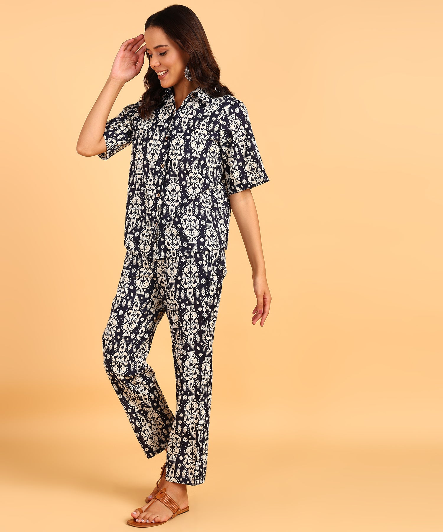 Navy Blue Printed Three Piece Set