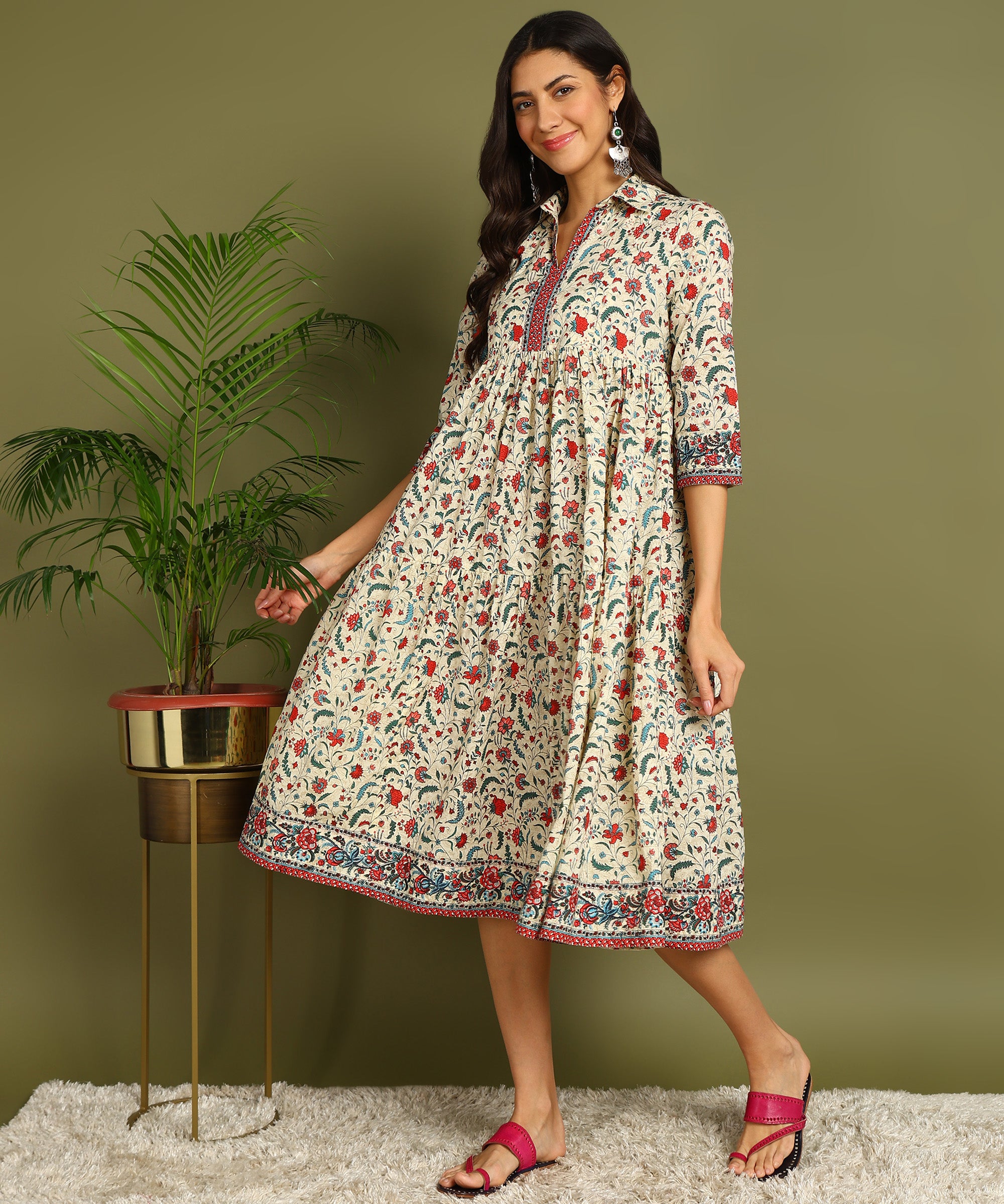 Cream Floral Print Maternity Wear Shirt Style Midi Dress