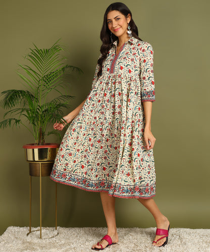 Cream Floral Print Maternity Wear Shirt Style Midi Dress