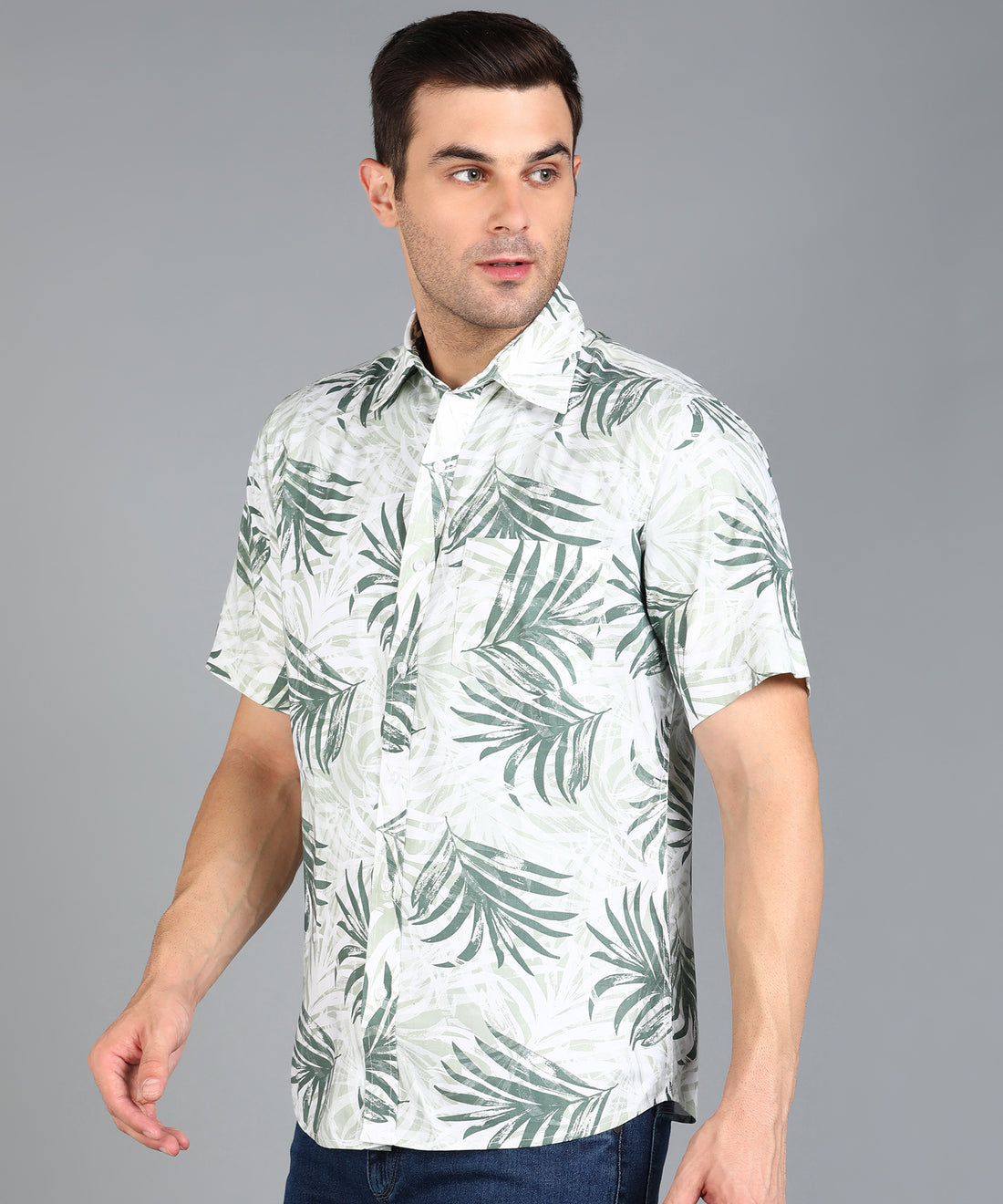 Green Leaf Printed Half Slim Fit Shirt