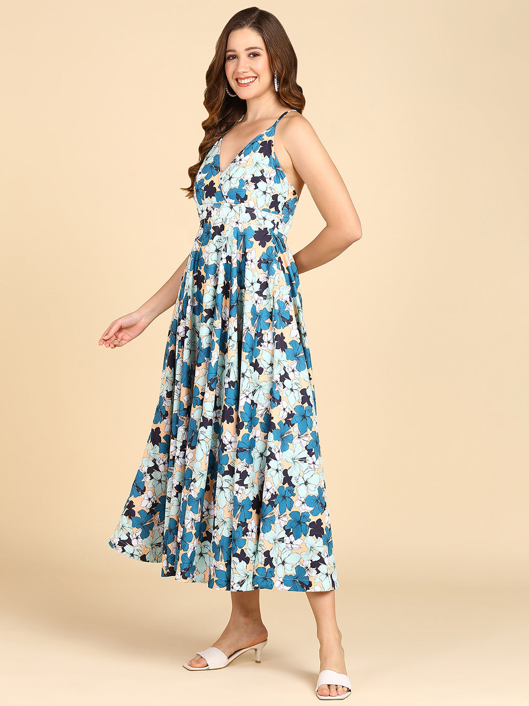 Green &amp; Blue Floral Printed flared Dress
