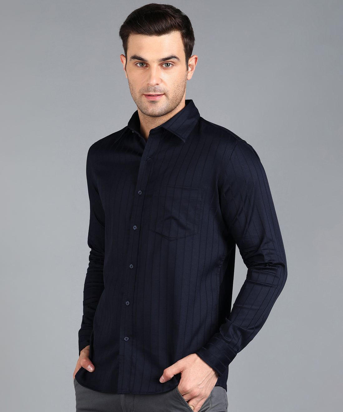 Self Striped Navy Blue Slim Fit Shirt