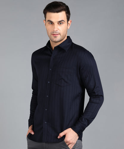 Self Striped Navy Blue Slim Fit Shirt