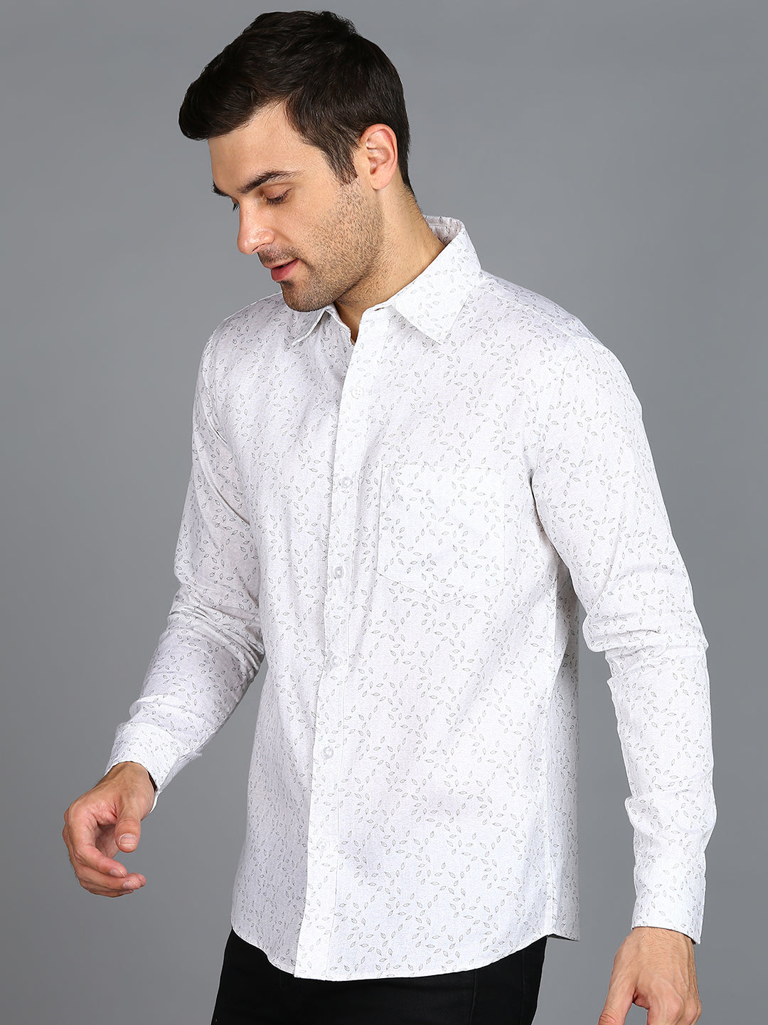 Grey Leaf Printed Off White Slim Fit Shirt