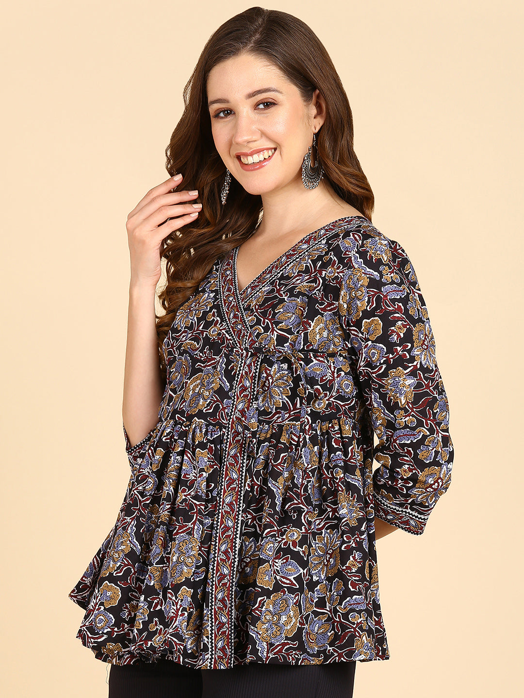 Black Floral Printed Angrakha Style Top