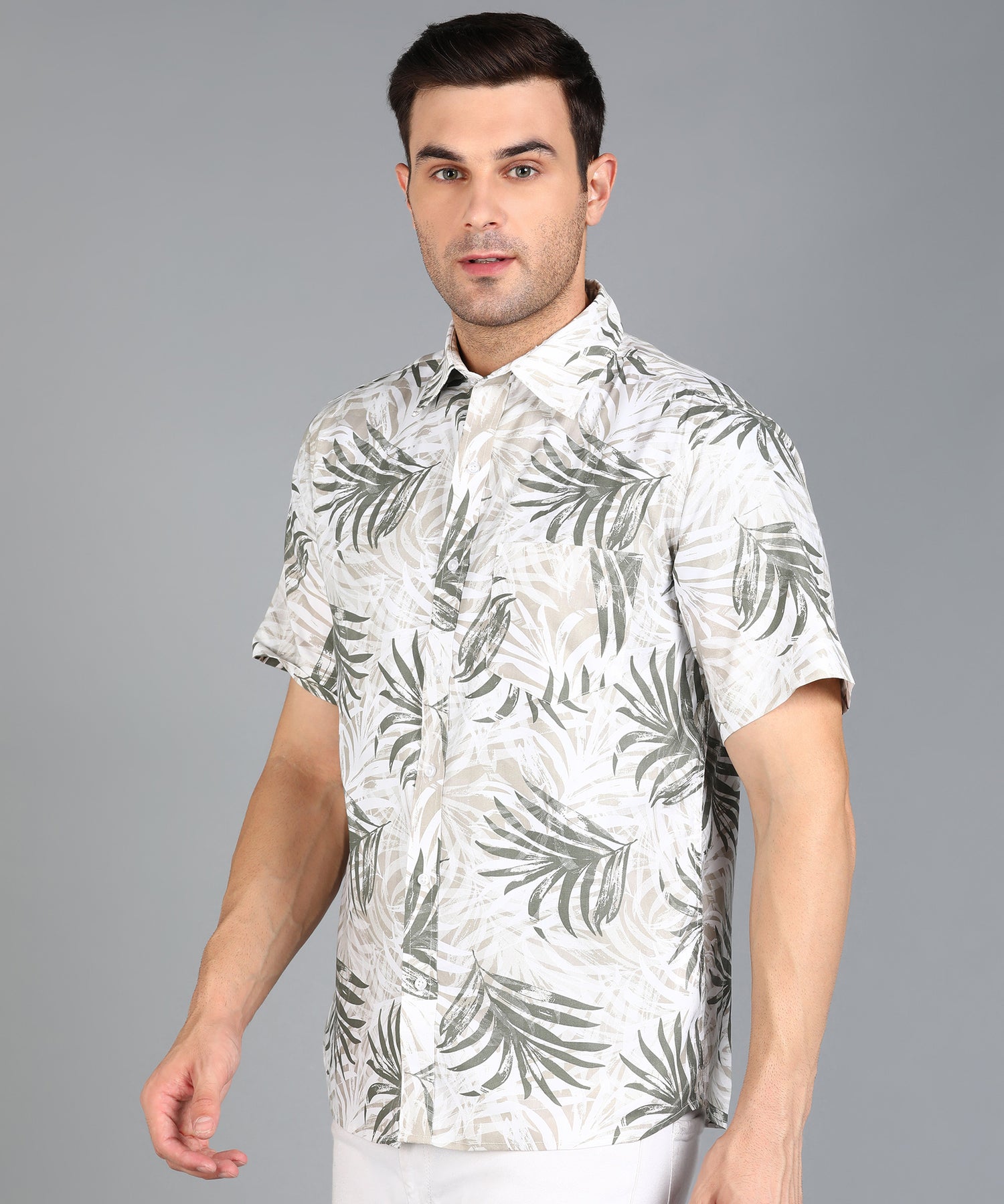 Leaf Printed Off White Half Slim Fit Shirt