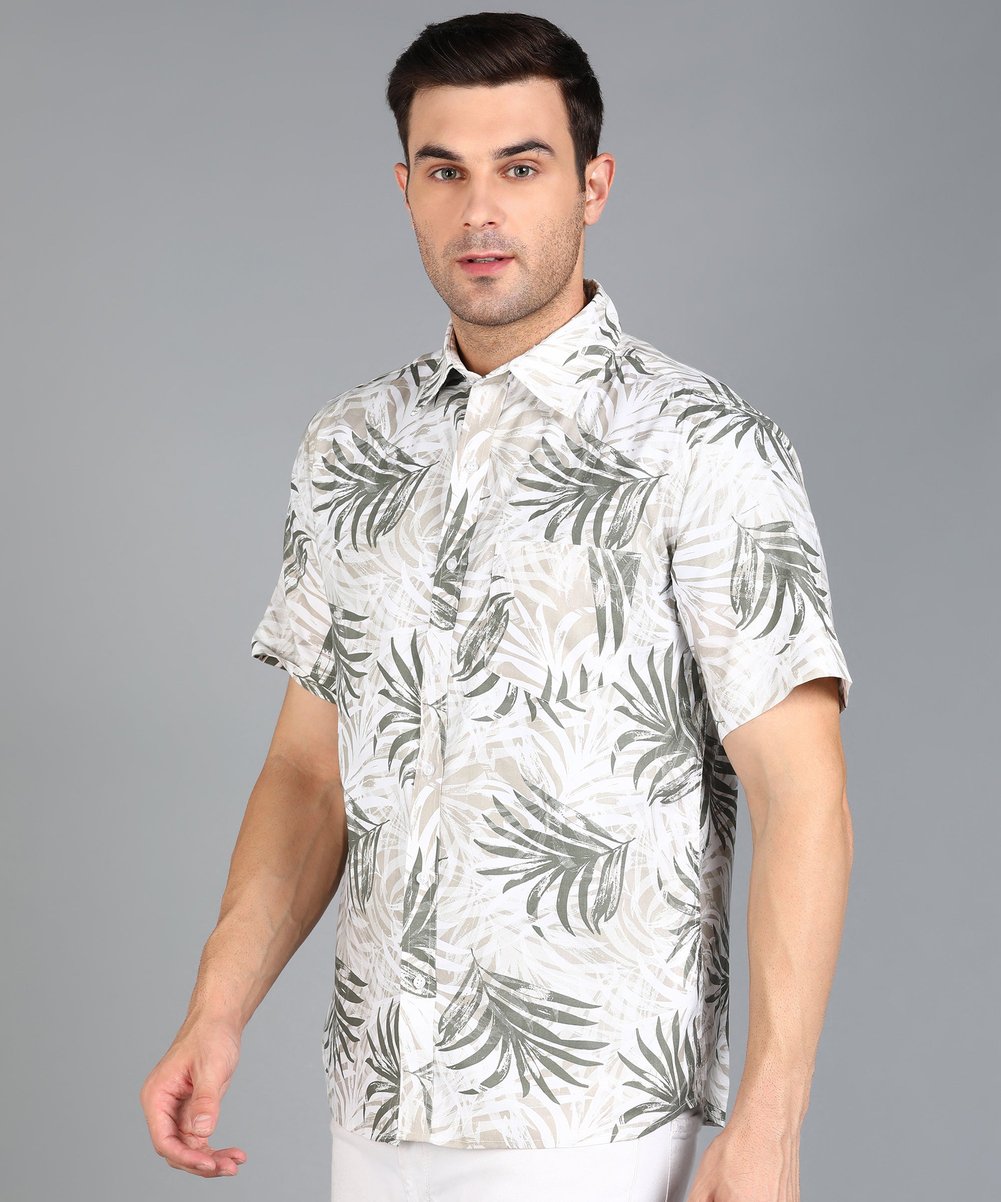 Leaf Printed Off White Half Slim Fit Shirt