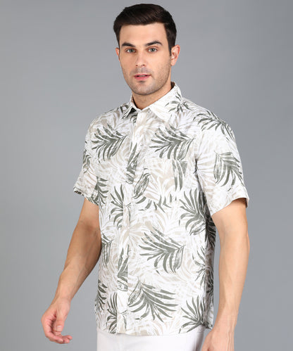 Leaf Printed Off White Half Slim Fit Shirt