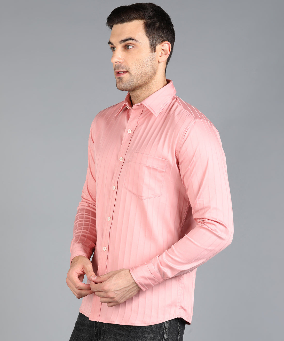 Self Striped Peach Slim Fit Shirt