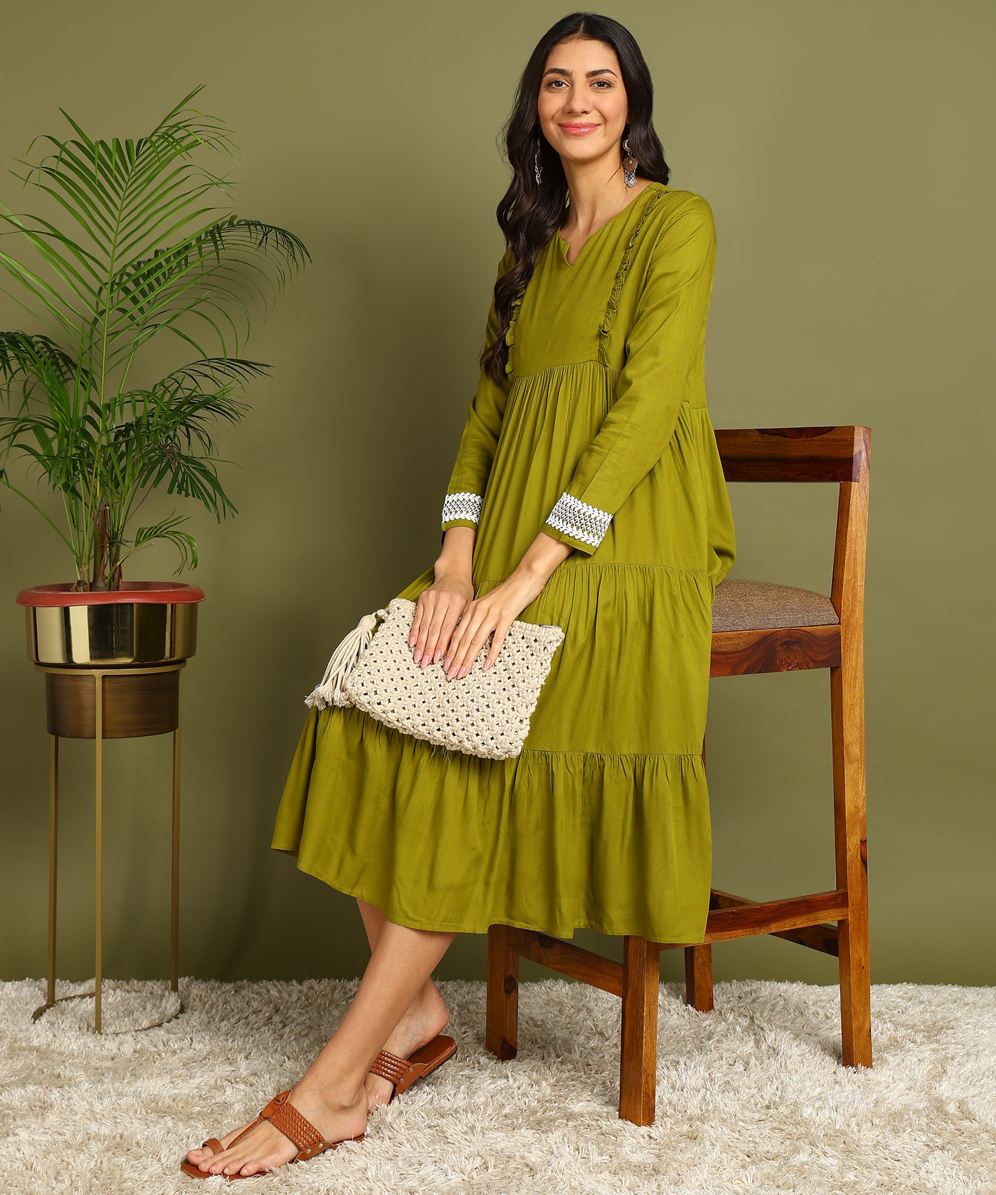 Olive Green Maternity Wear Midi Dress