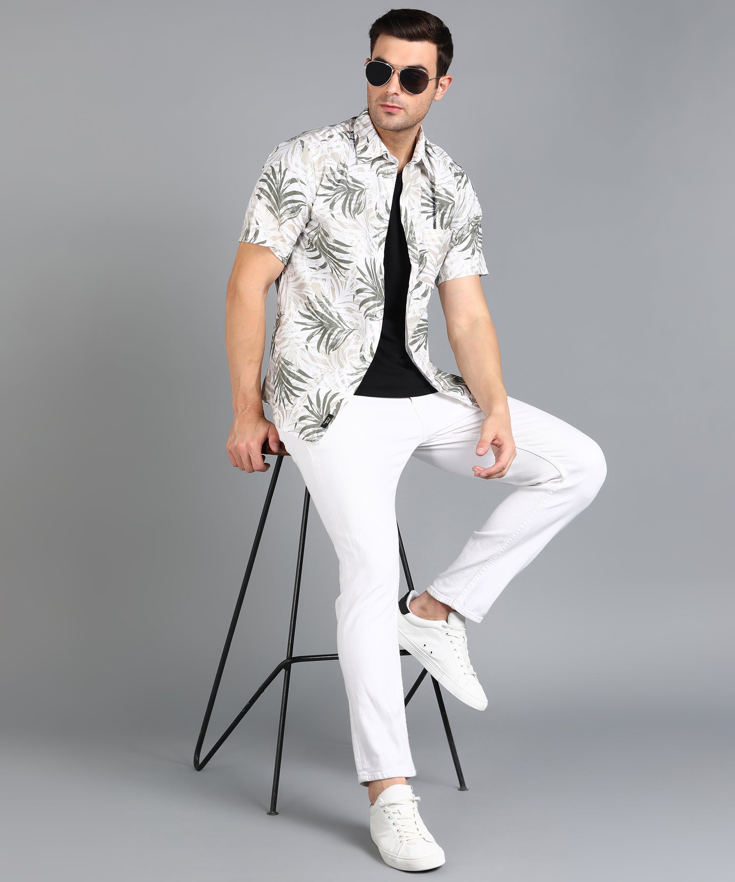 Leaf Printed Off White Half Slim Fit Shirt