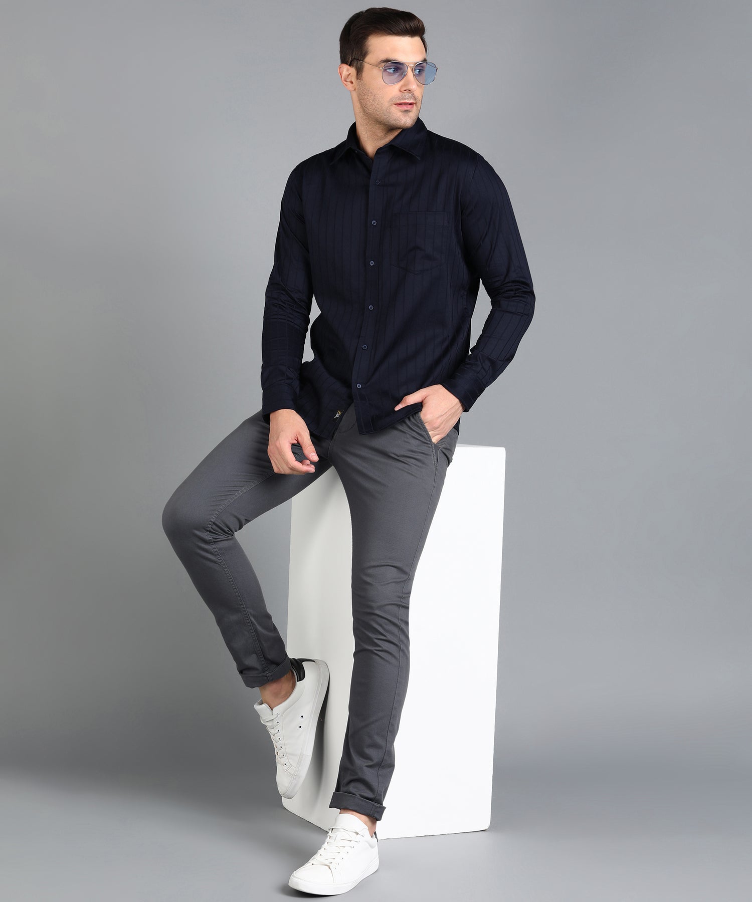 Self Striped Navy Blue Slim Fit Shirt