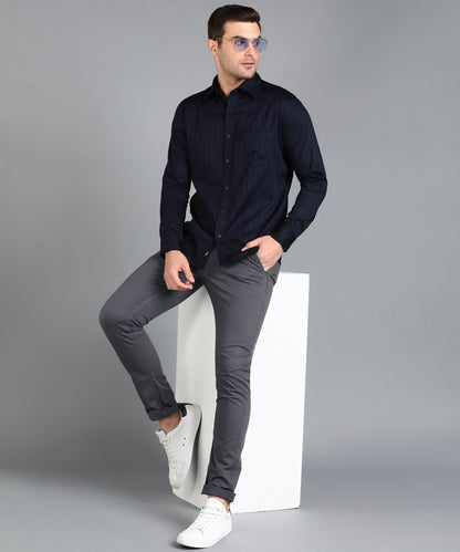 Self Striped Navy Blue Slim Fit Shirt