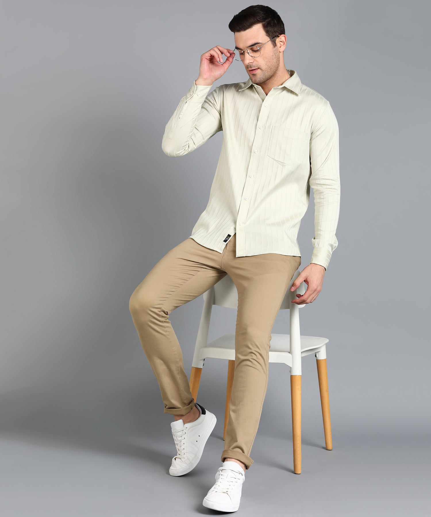Self Striped Beige Slim Fit Shirt