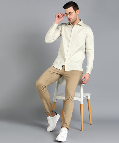 Self Striped Beige Slim Fit Shirt