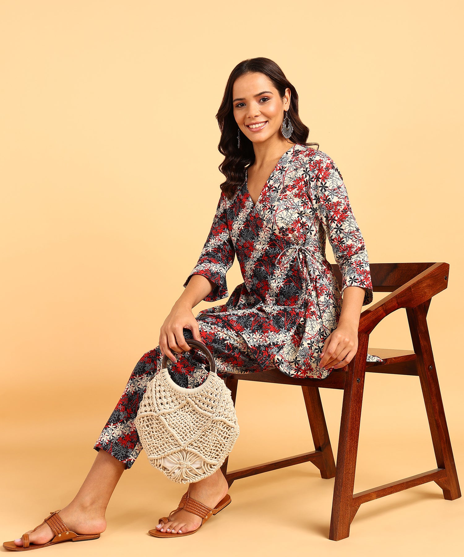 Dual Colored Floral Print Front Tie-Up Top &amp; Pant Set