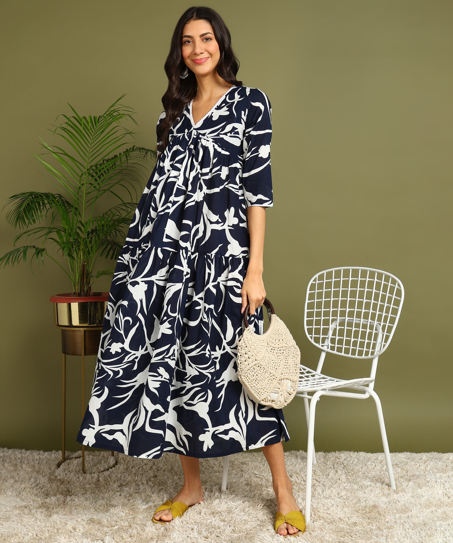 Navy Blue &amp; White Printed Maternity Wear Midi Dress