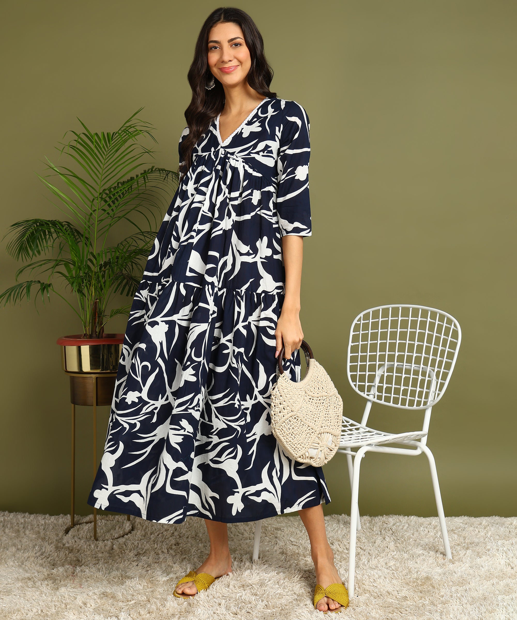 Navy Blue &amp; White Printed Maternity Wear Midi Dress