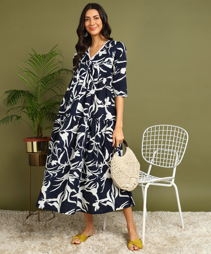 Navy Blue &amp; White Printed Maternity Wear Midi Dress