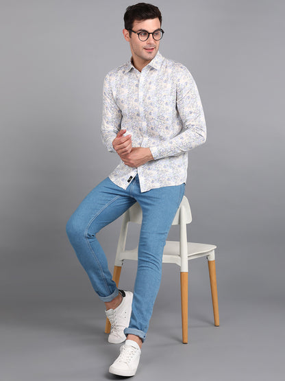 Yellow Floral Printed Off White Slim Fit Shirt