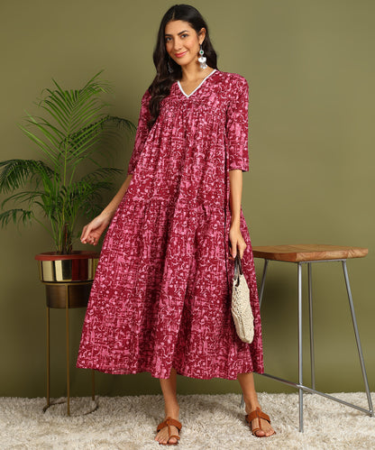Magenta &amp; Pink Printed Maternity Wear Midi Dress