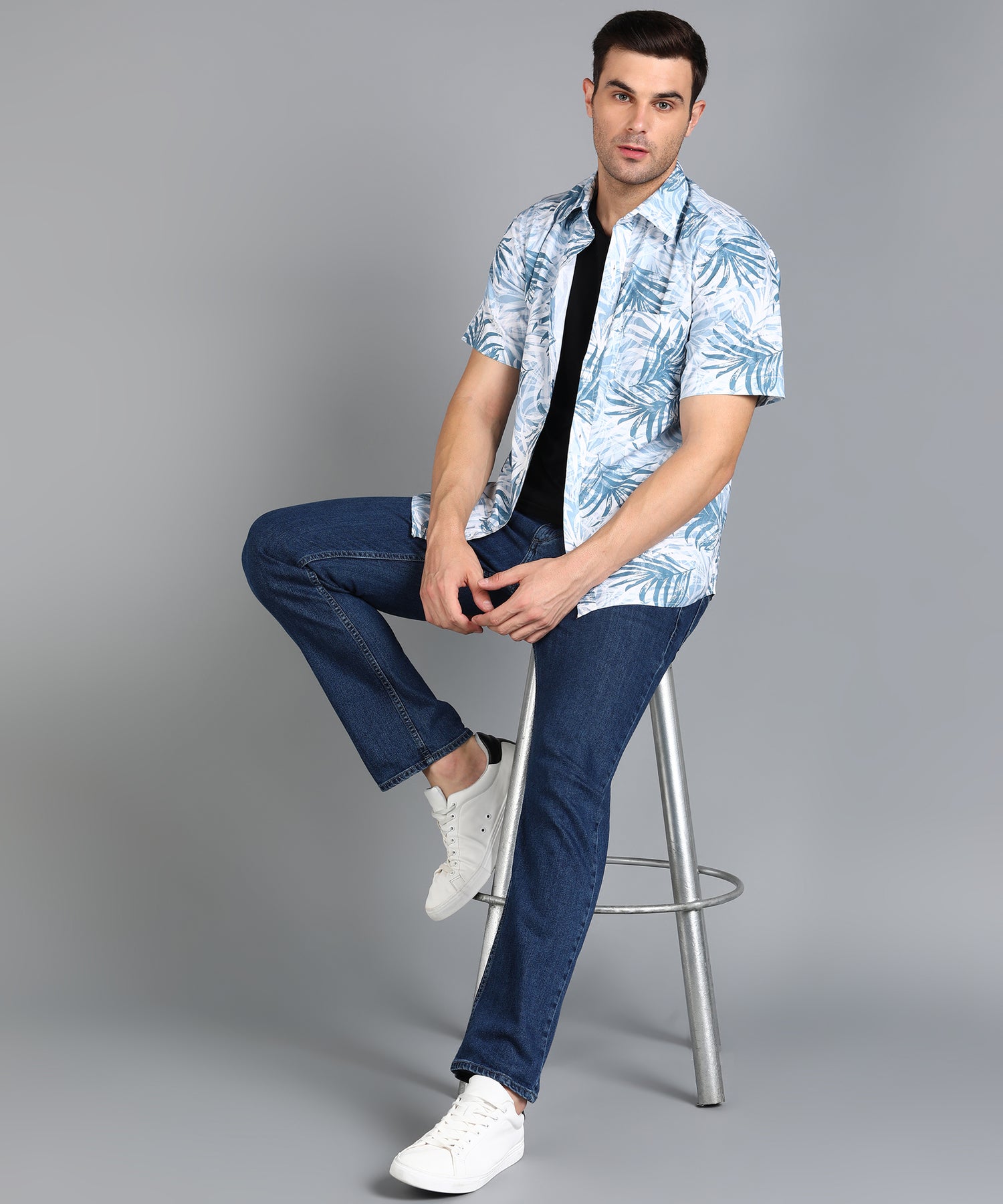 Blue Leaf Printed Half Slim Fit Shirt