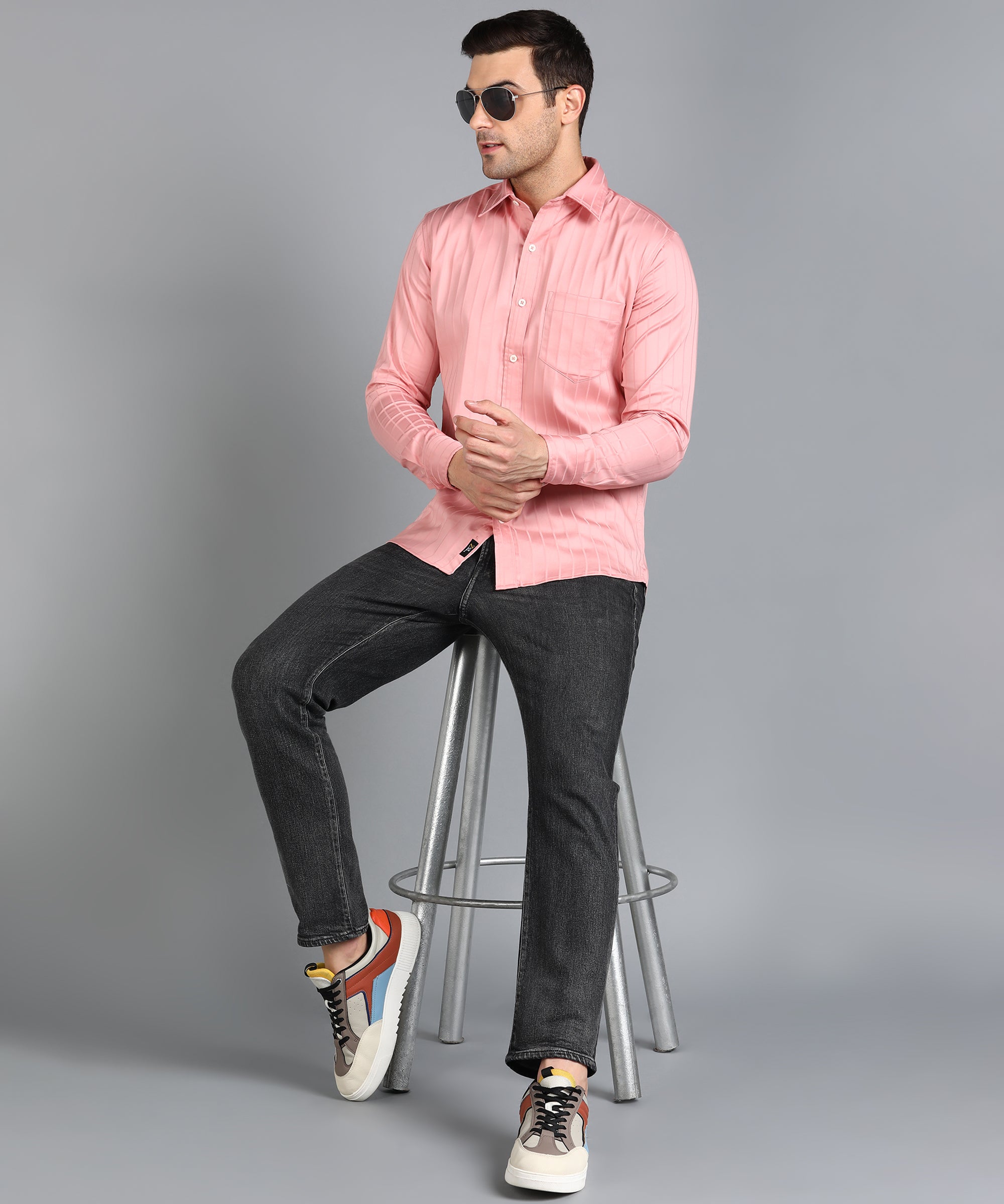 Self Striped Peach Slim Fit Shirt