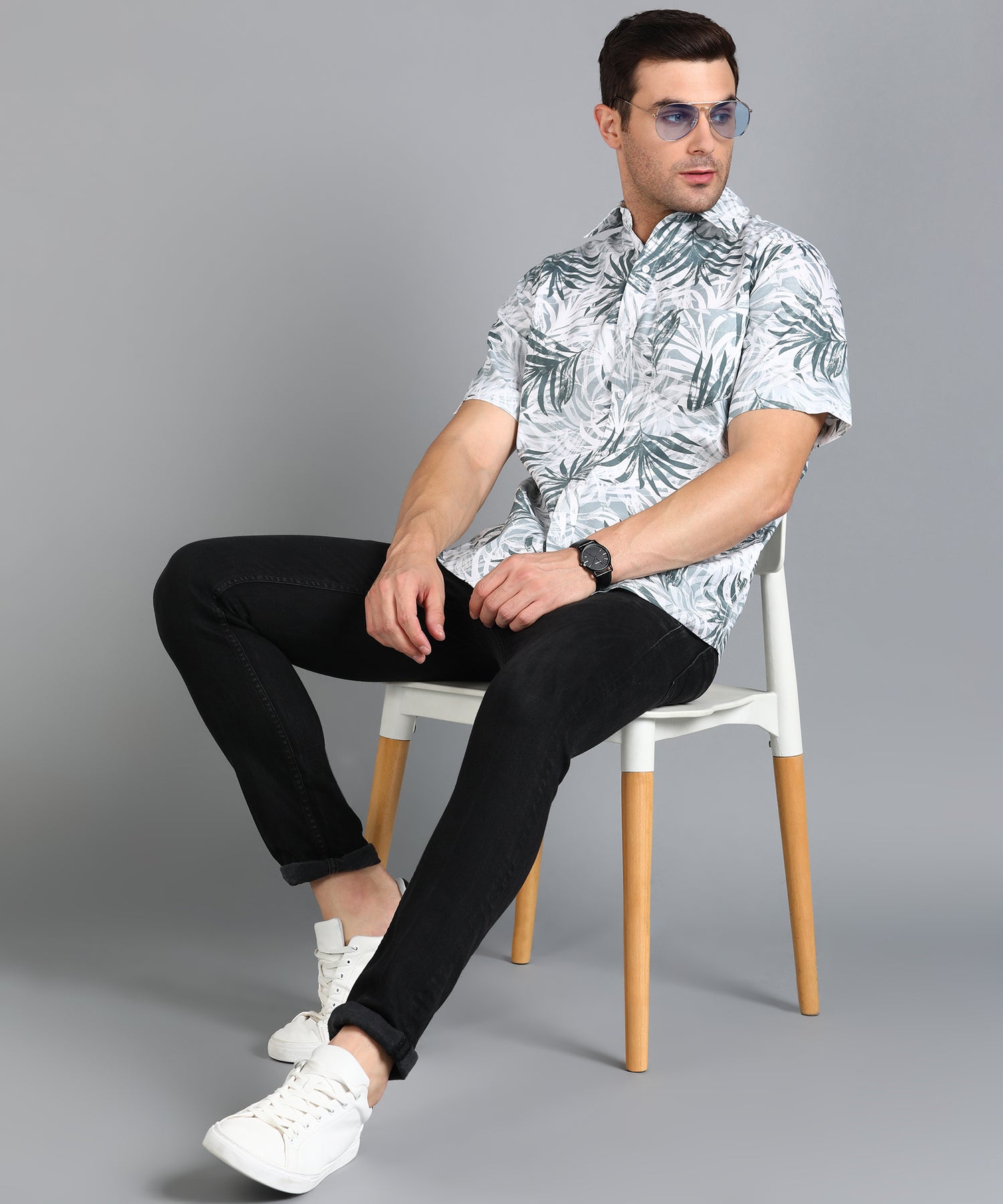 Grey Leaf Printed Half Slim Fit Shirt