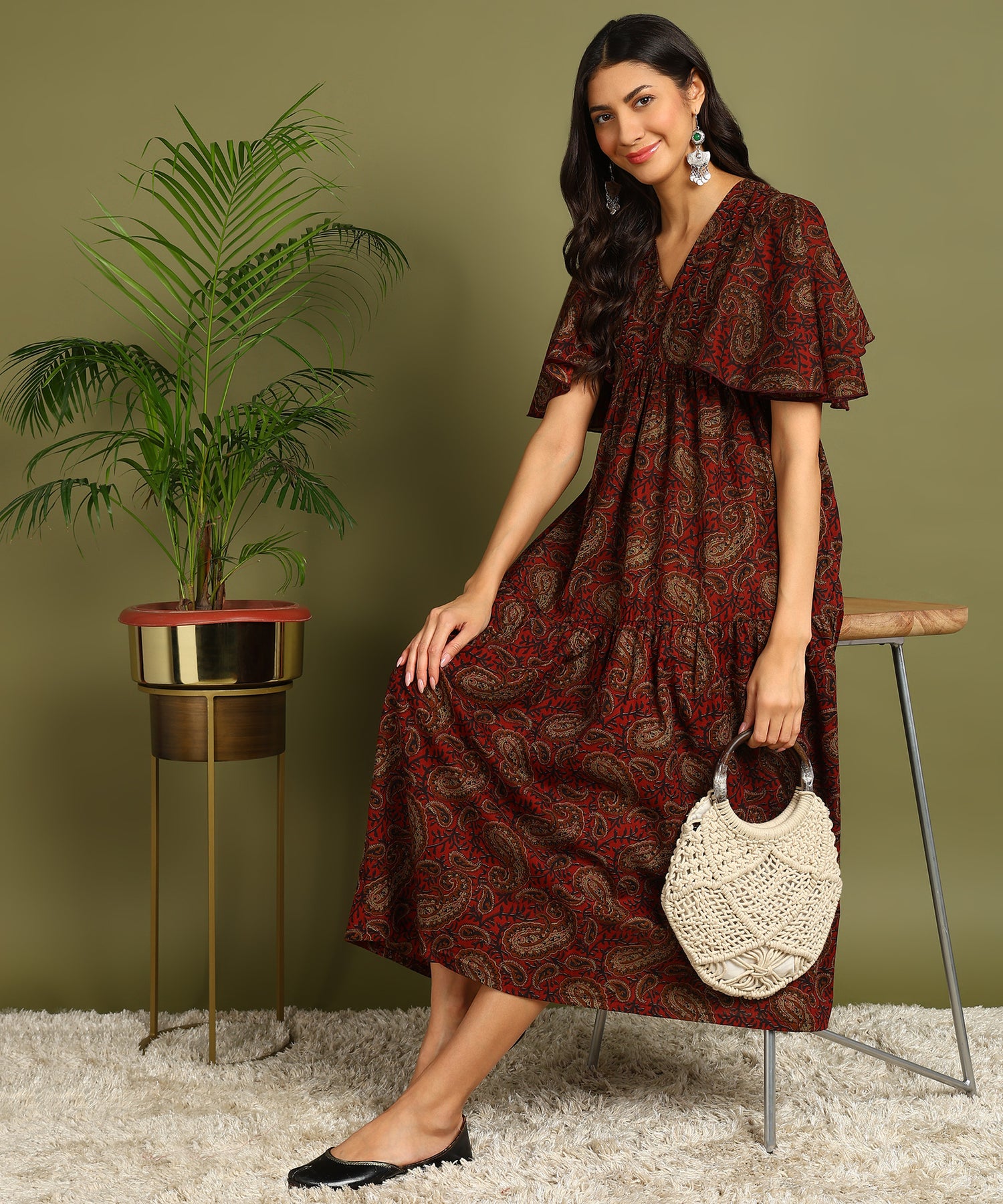 Brown Printed Maternity Wear Midi Dress