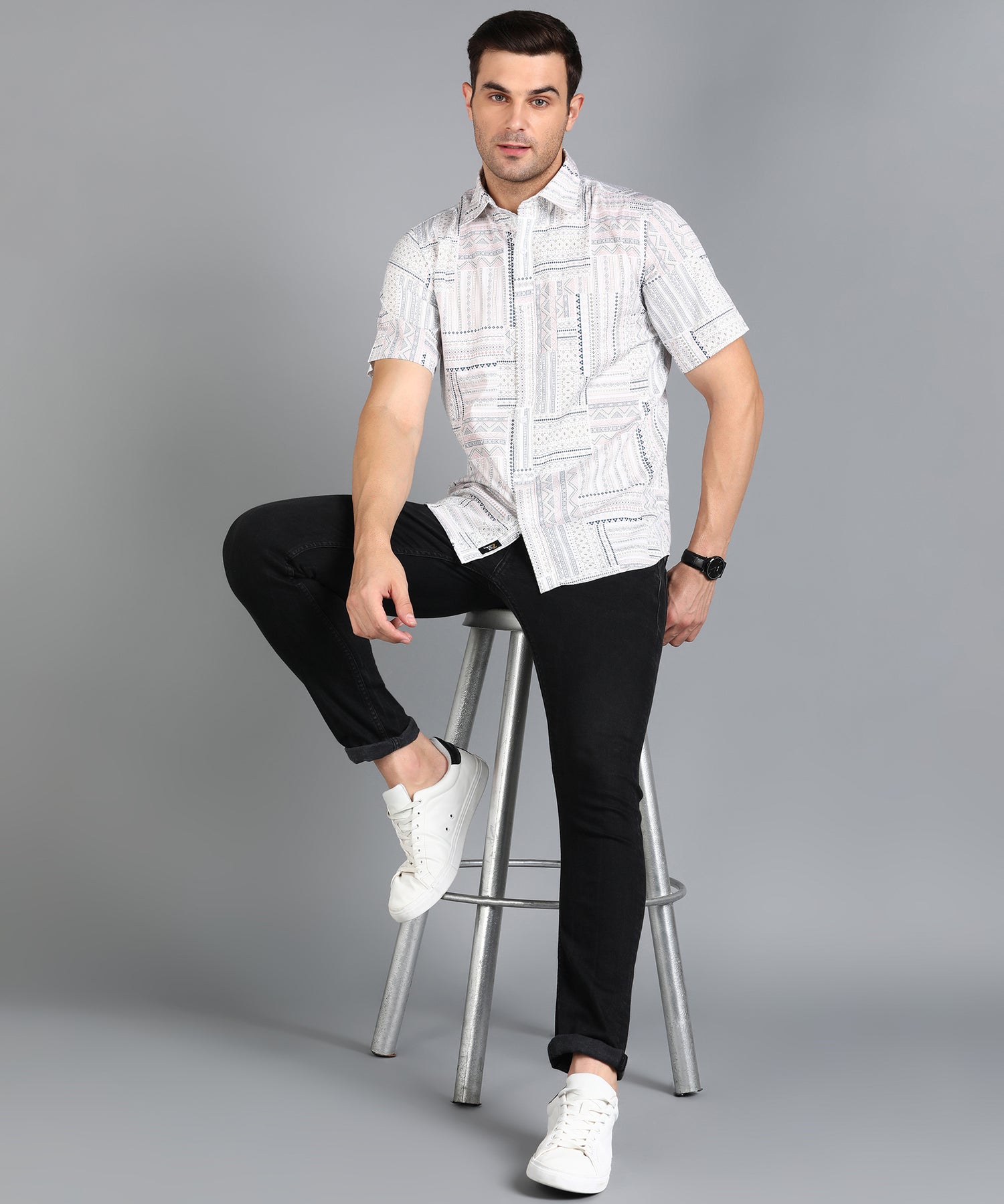 Off White Geomatric Print Half Slim Fit Shirt