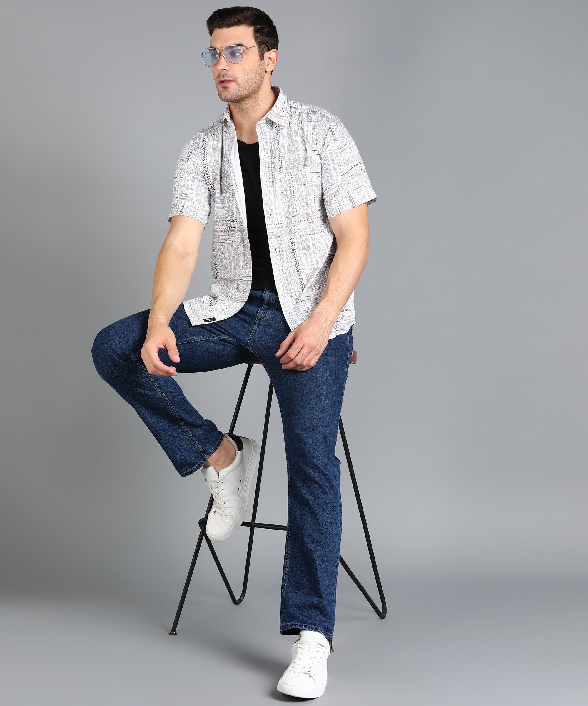 Off White Indian Prints Half Slim Fit Shirt