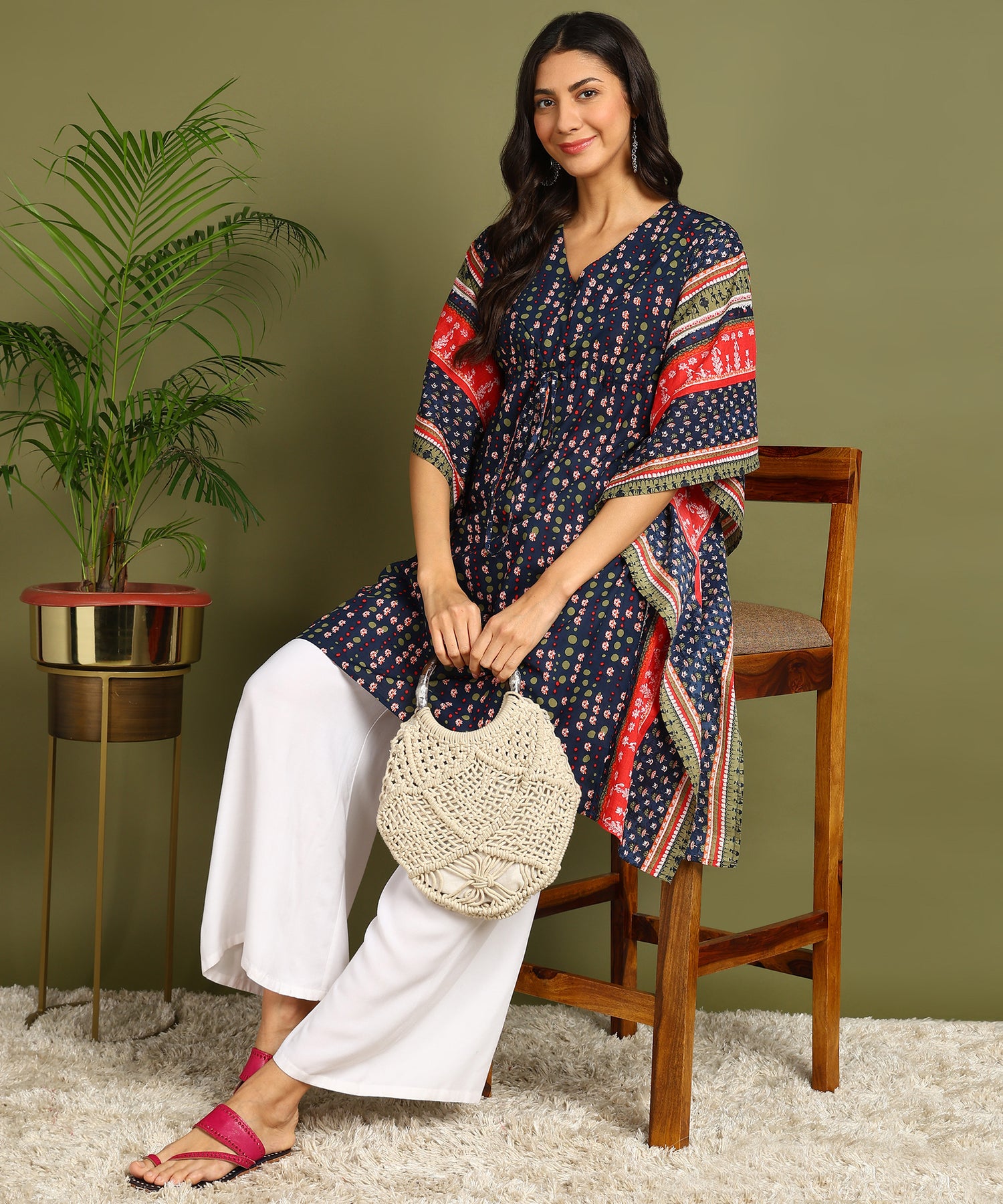 Navy Blue &amp; Red Printed Maternity Wear Kaftan