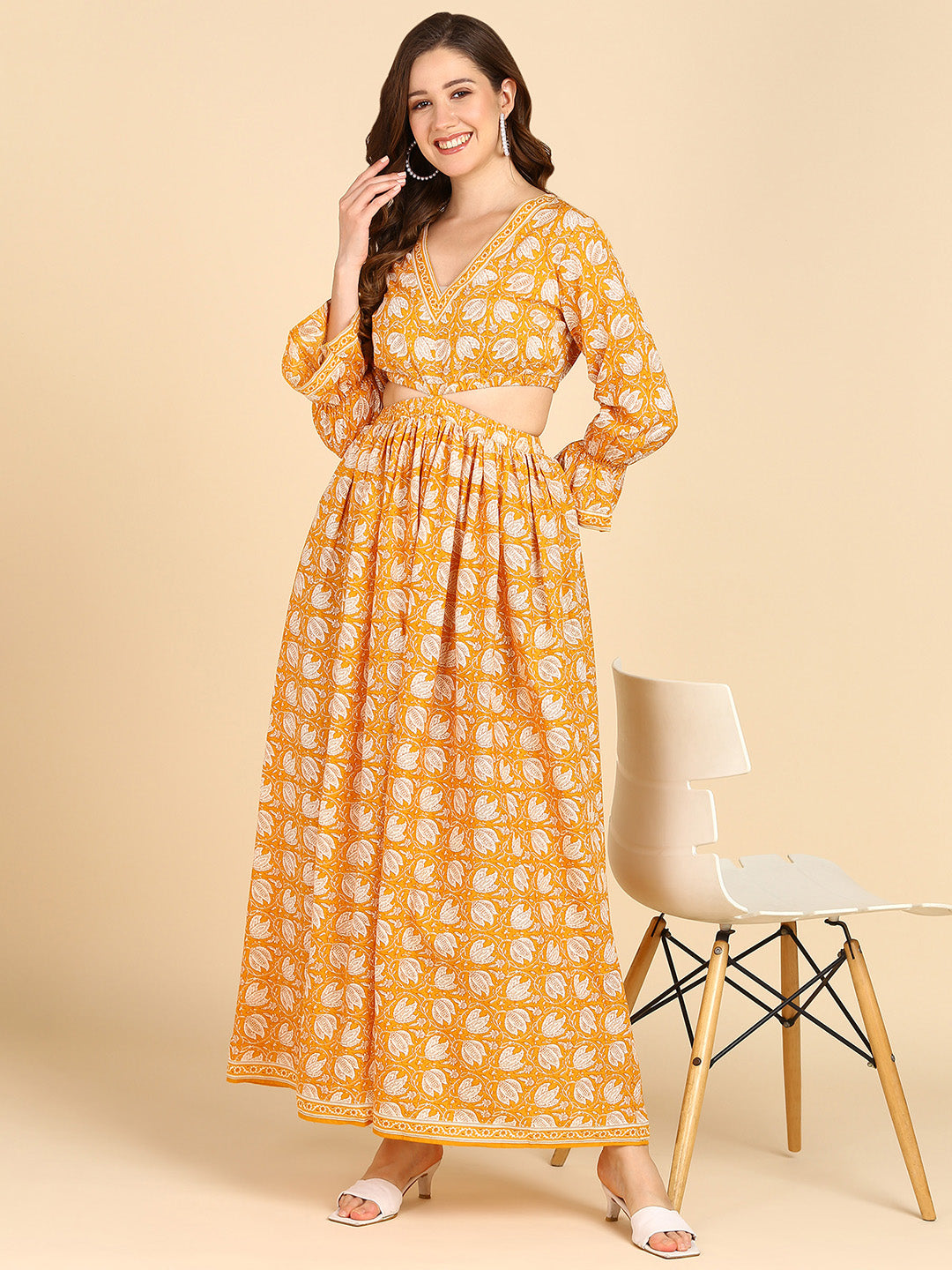 Yellow  Floral Waist Cut-Out Maxi Dress Dress