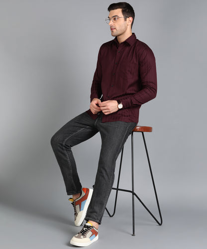 Self Striped Maroon Slim Fit Shirt