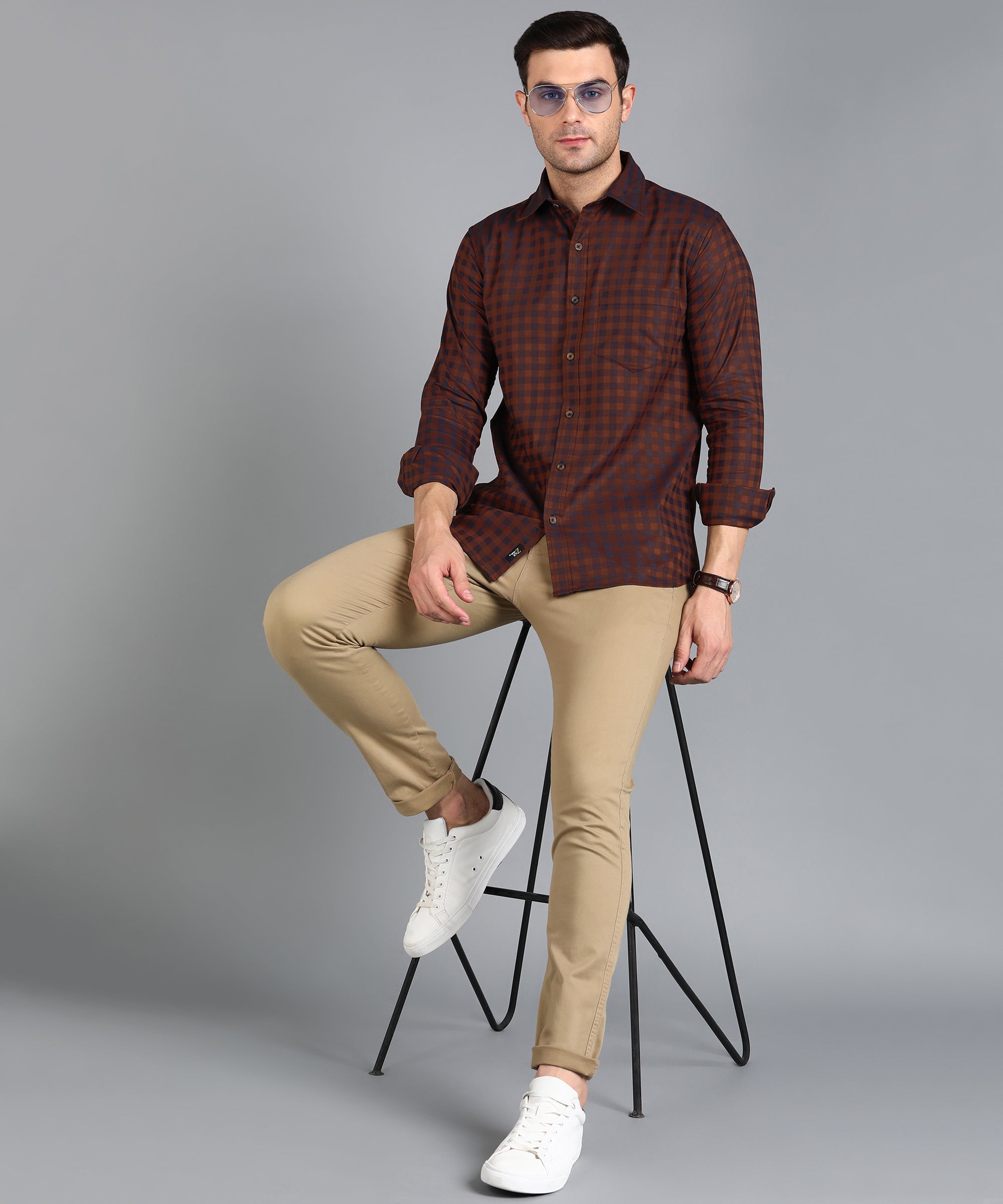 Brown &amp; Blue Checked Slim Fit Shirt