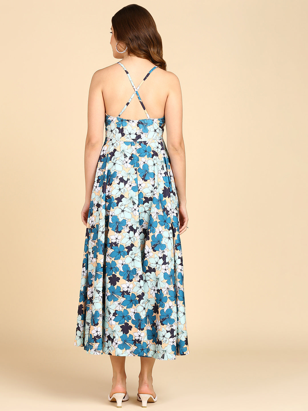 Green &amp; Blue Floral Printed flared Dress