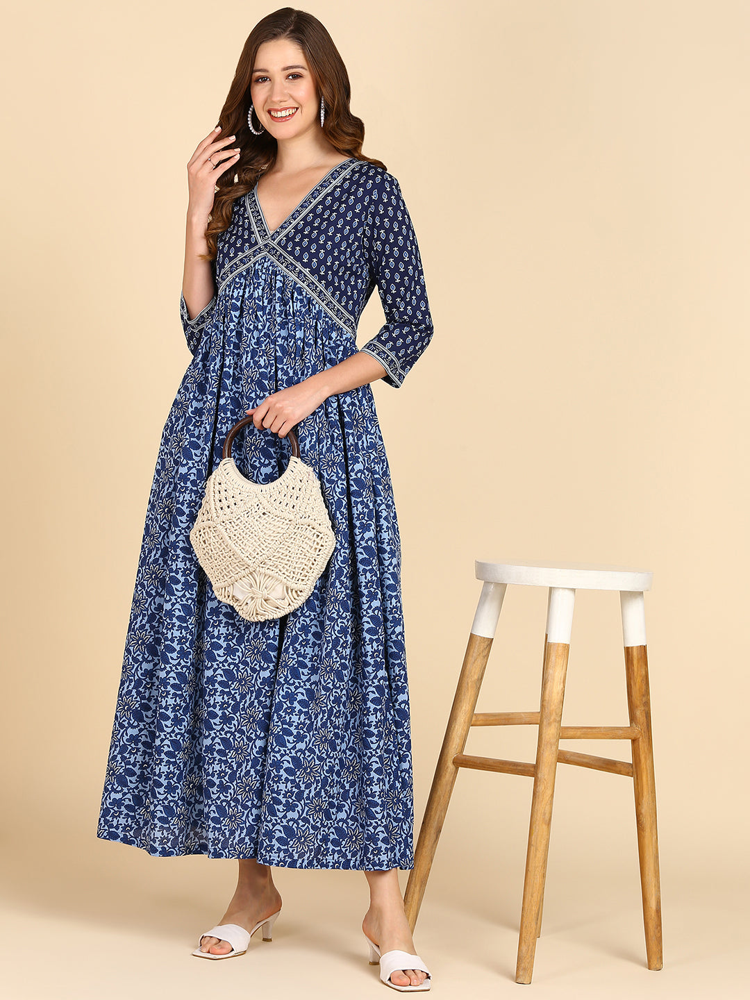 Indigo Blue Floral Maxi Dress With Border Details