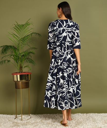 Navy Blue &amp; White Printed Maternity Wear Midi Dress