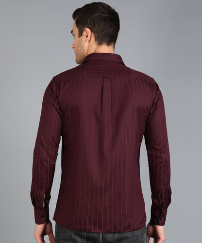 Self Striped Maroon Slim Fit Shirt