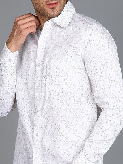 Grey Leaf Printed Off White Slim Fit Shirt